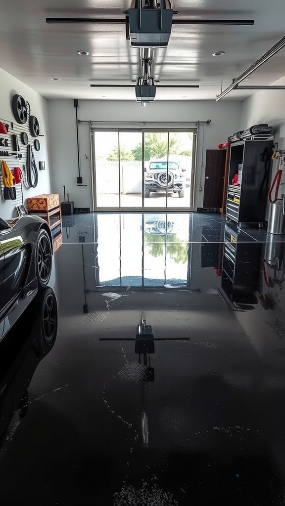 A modern garage with a sleek black epoxy floor, showcasing a clean and stylish design.