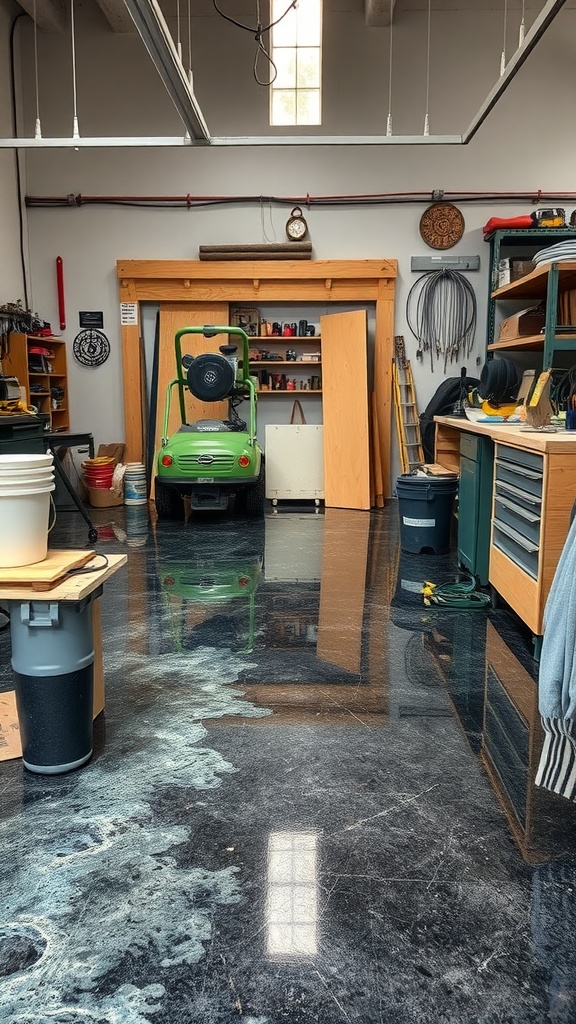 A bright workshop space with a shiny epoxy floor and some tools scattered around.
