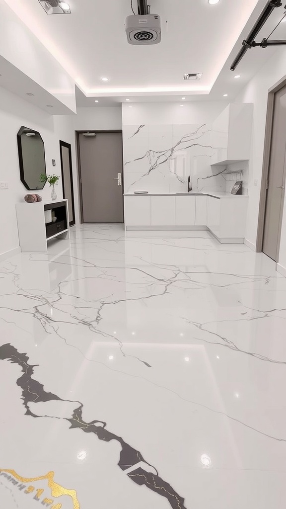 A modern garage with a sleek white epoxy floor featuring a marble design.