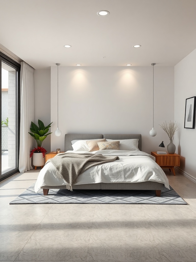 Cozy bedroom featuring matte epoxy floors, warm lighting, and soft decor