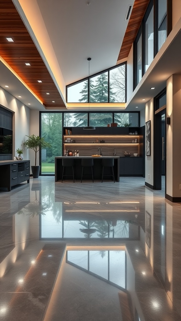 A modern kitchen and living area featuring sleek epoxy flooring, architectural lighting, and large windows.