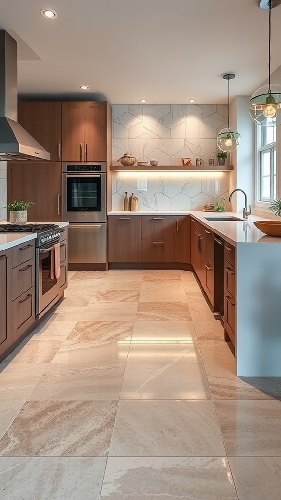 A modern kitchen featuring a functional resin sink with swirling patterns and colorful lighting, complemented by glossy epoxy flooring.