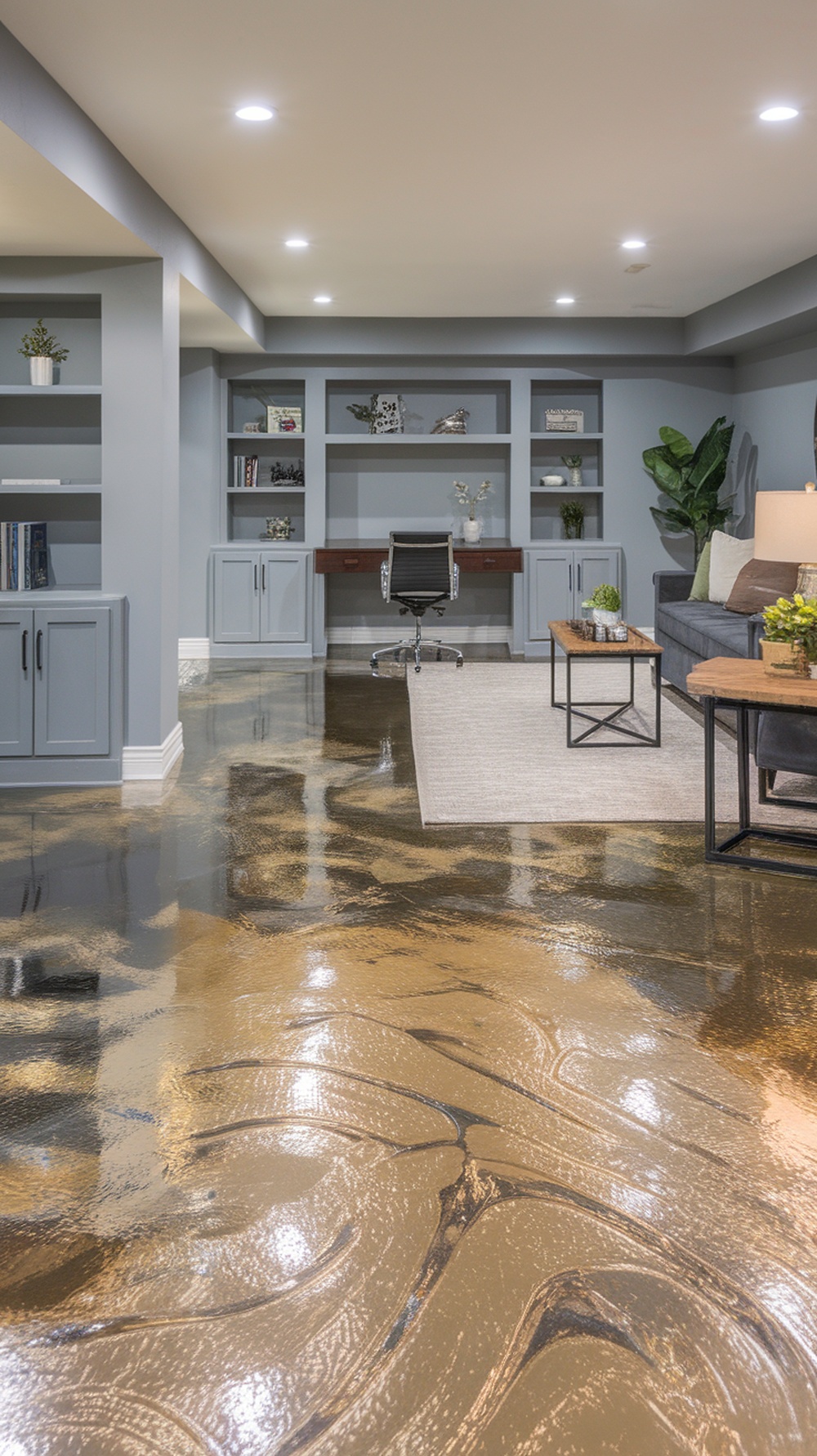 A modern basement with metallic epoxy flooring, showcasing a stylish and functional space.
