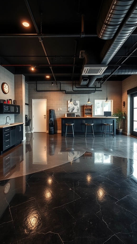 Modern basement workshop with black epoxy flooring and industrial decor