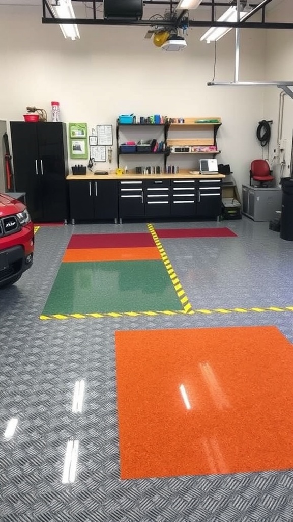 Garage with a vibrant red epoxy floor featuring a 3D design, showcasing two red cars and a modern workspace.