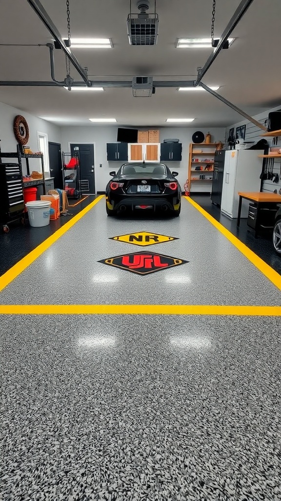 A modern garage with a black car, bright yellow painted lines on a stylish epoxy floor, and organized storage.