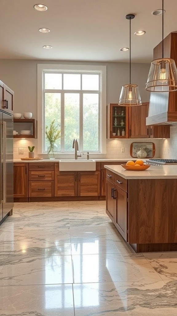A modern farmhouse kitchen featuring a large wooden island table with epoxy flooring.