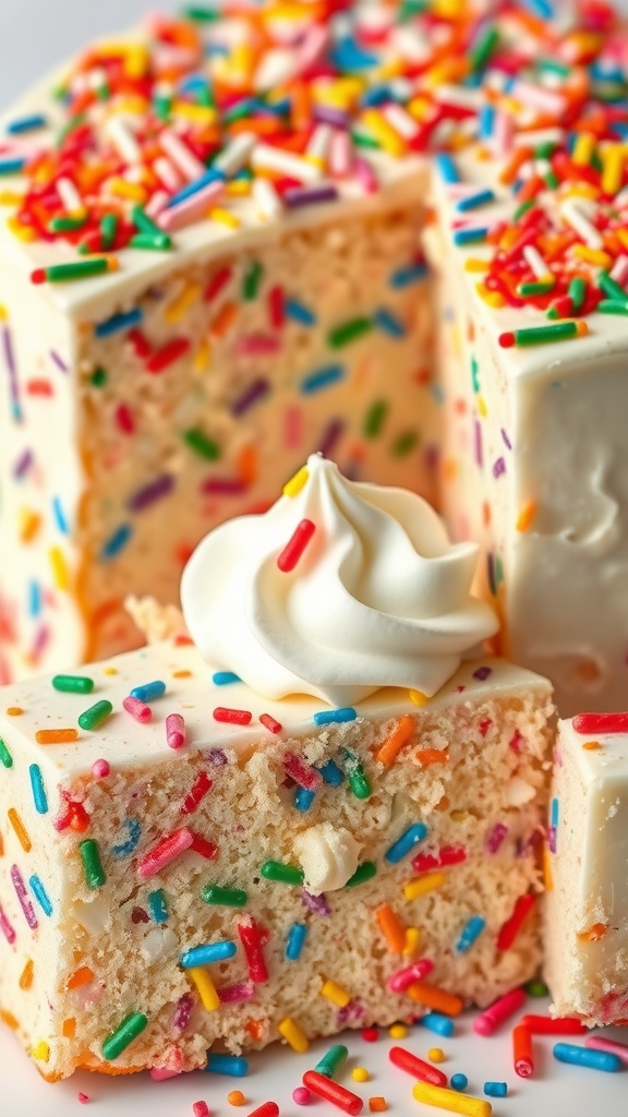 A colorful Funfetti cake topped with whipped cream and sprinkles.