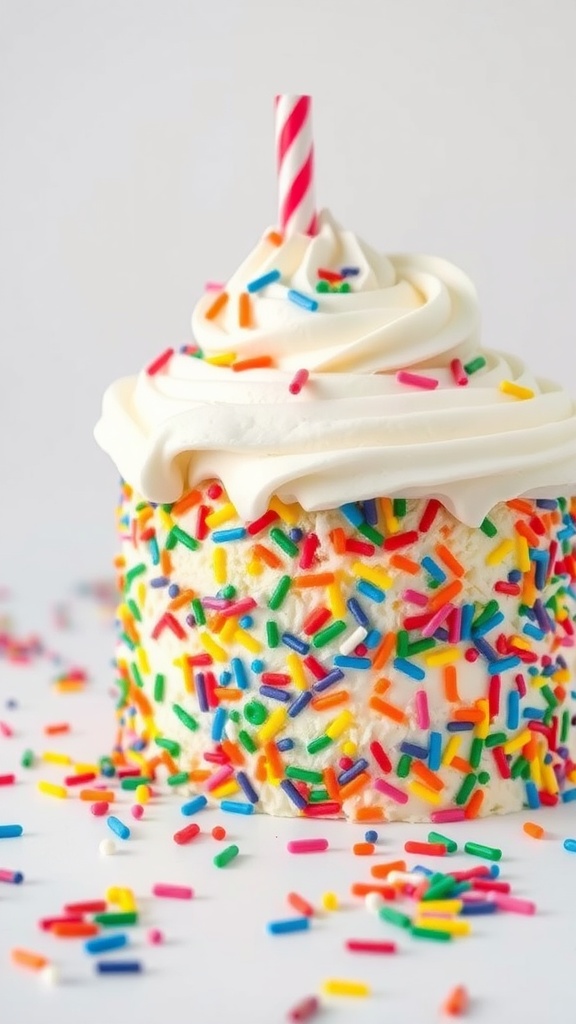 A colorful funfetti cake with whipped cream frosting and sprinkles