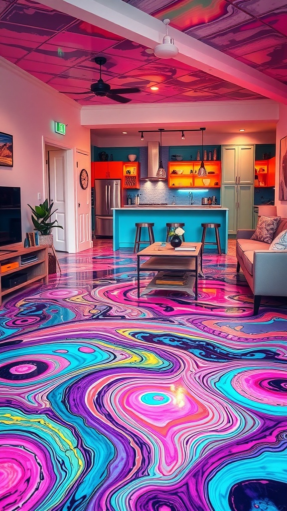 A colorful epoxy floor design featuring swirling patterns in pink, teal, and yellow, creating a vibrant and artistic atmosphere.
