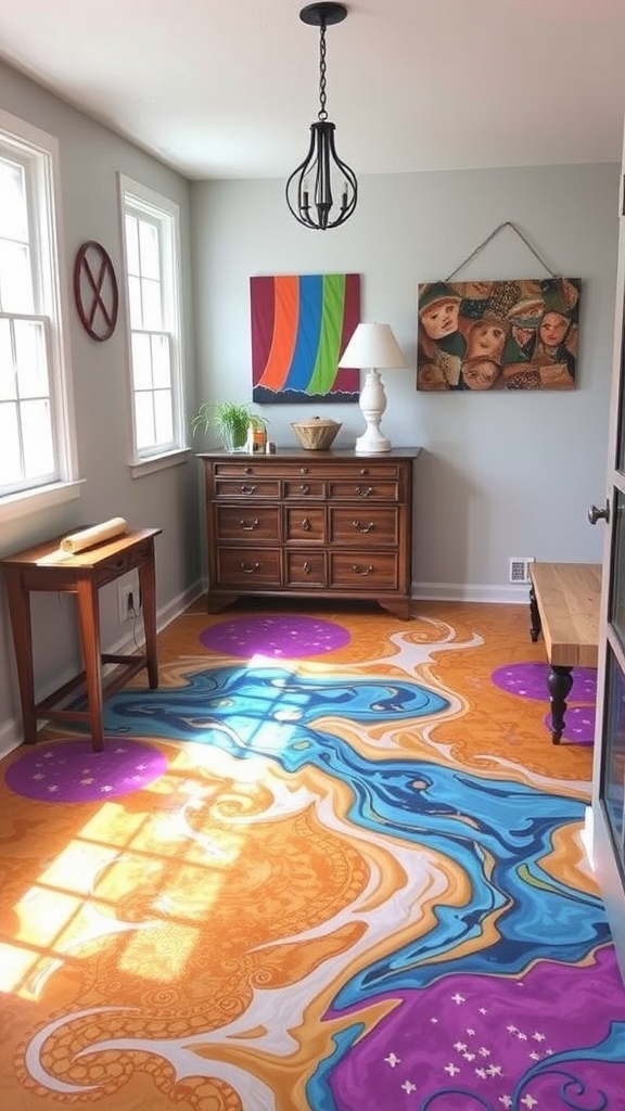Colorful retro-patterned epoxy floor in a room with blue walls