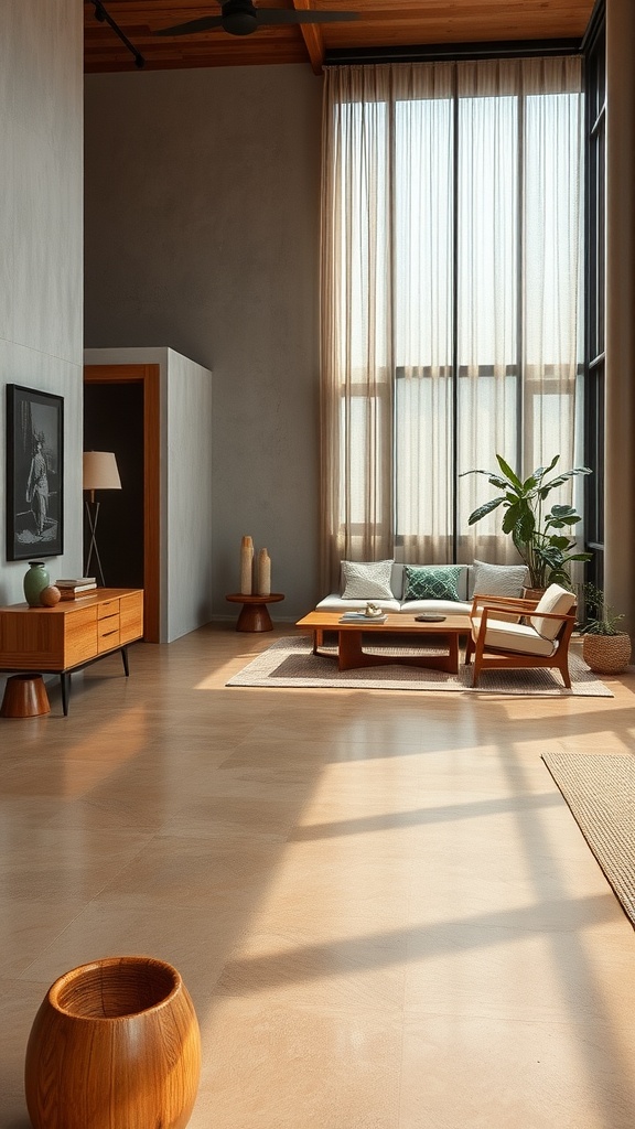 A stylish living room with rustic cement floors, wooden furniture, and large windows.