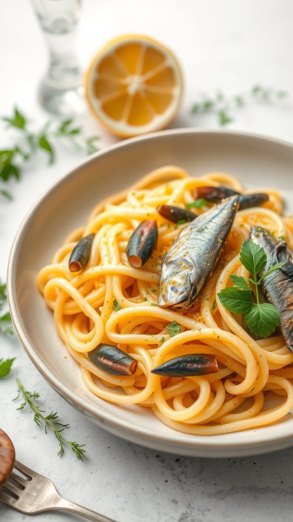 A bowl of fusilli pasta with sardines and lemon, garnished with parsley.