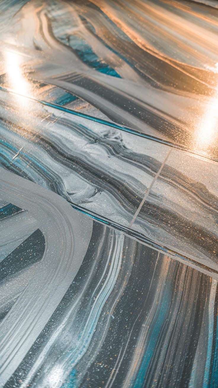 Close-up of a glossy epoxy floor with swirls of gray and blue.