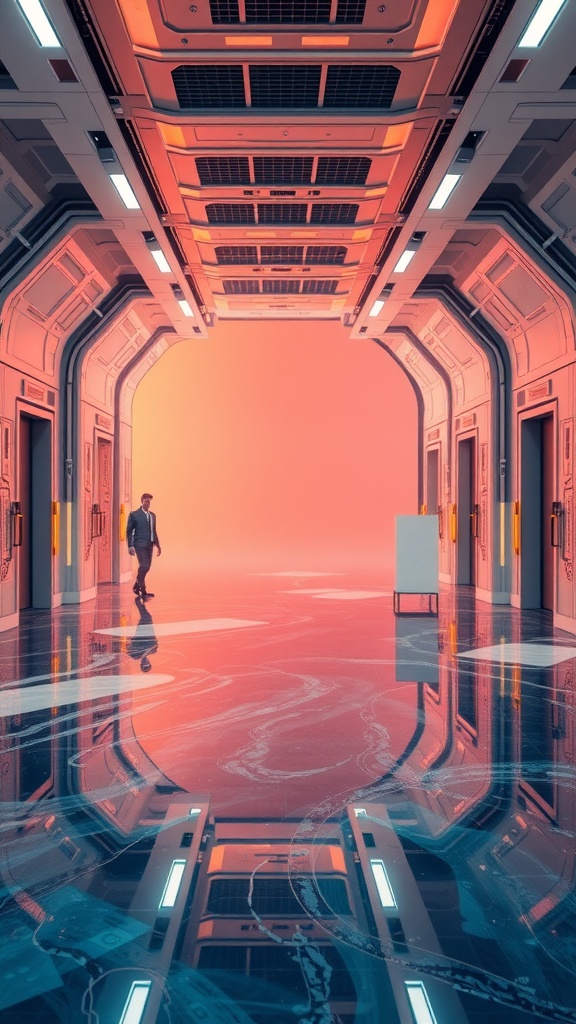 A futuristic corridor with glossy epoxy flooring and ambient lighting.