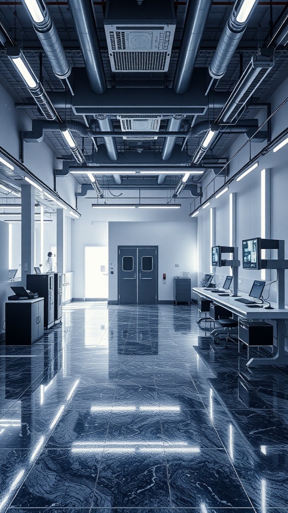 A modern workspace featuring shiny epoxy flooring, bright lighting, and a clean, organized layout.