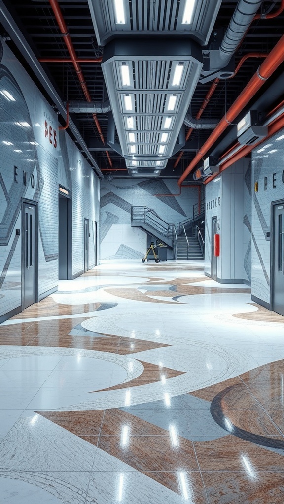 A modern hallway showcasing a stylish epoxy floor design with intricate color blending.