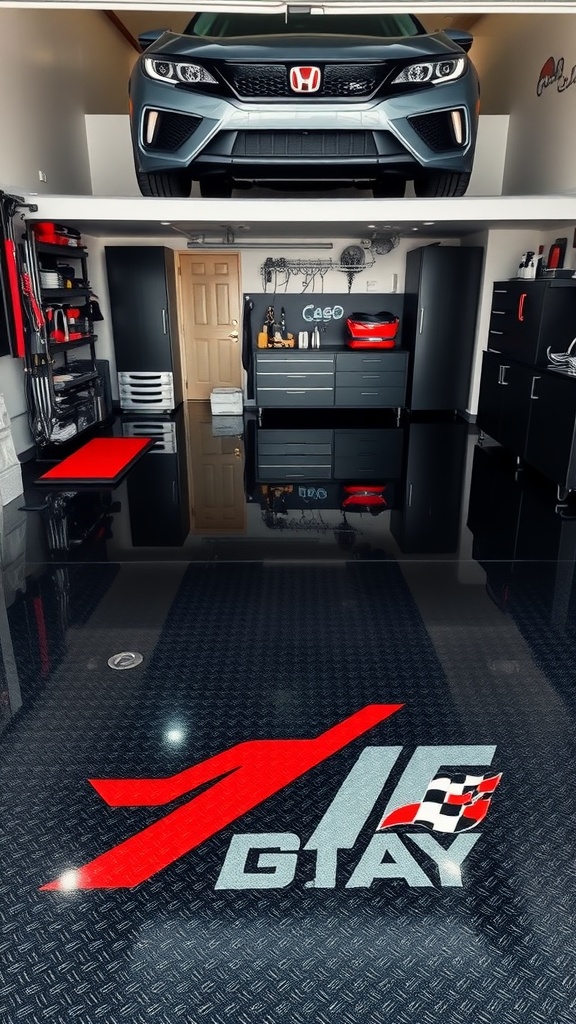 A modern garage featuring a high-gloss black epoxy floor with a racing logo and a sleek car displayed above.