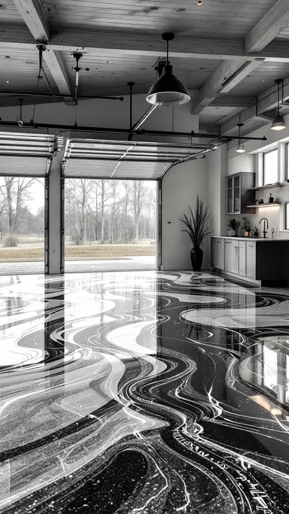 Futuristic 3D epoxy flooring in a modern garage with black and white swirls.