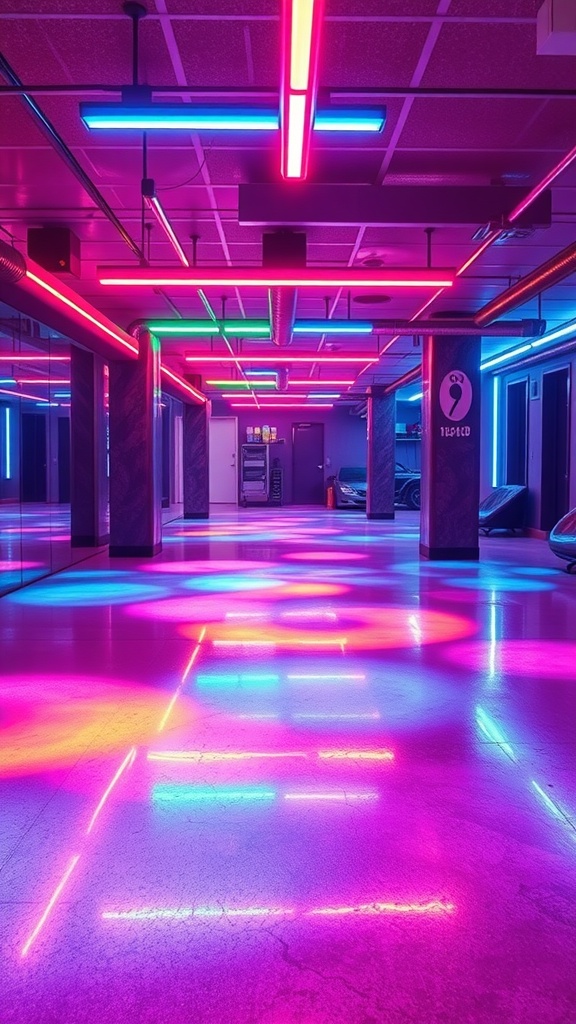 A modern basement with neon lights and glossy epoxy flooring, featuring a bar area.