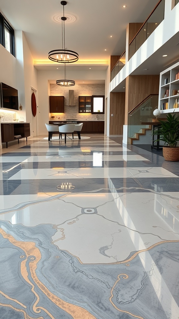 A modern living space featuring a metallic epoxy floor with intricate patterns and a glossy finish.