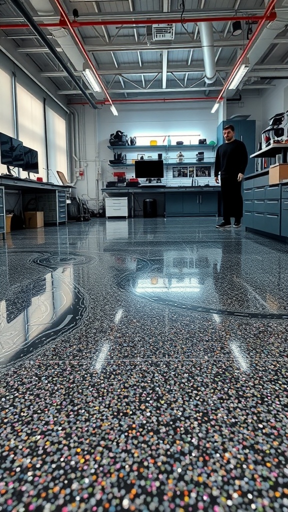 A modern interior with epoxy flooring featuring futuristic metallic flakes in a stylish design