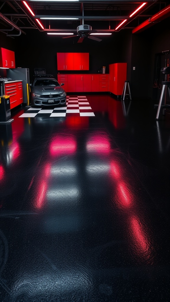 A modern garage with a black epoxy floor, featuring red cabinets and neon lighting.