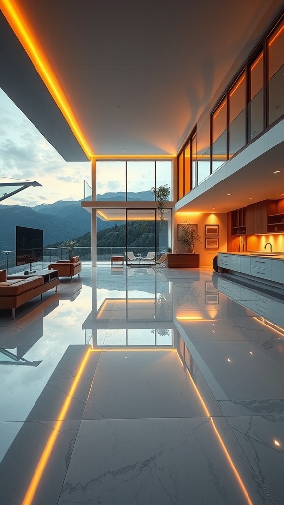 Interior of a hillside home showcasing futuristic neon epoxy flooring with modern design elements.