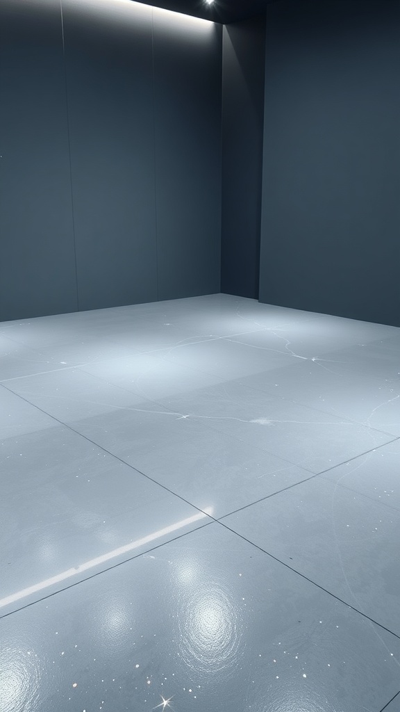 Futuristic space-themed epoxy floor design featuring planets and galaxies.