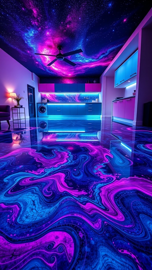 A vibrant galaxy-inspired epoxy floor design with swirling colors of blue and pink, reflecting a cosmic theme.