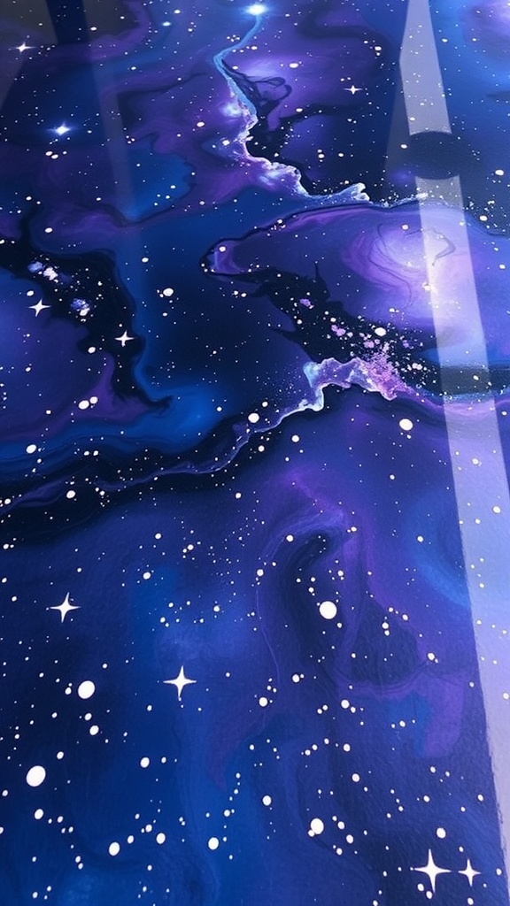 A galaxy inspired epoxy floor showcasing deep blues, purples, and white star-like speckles.