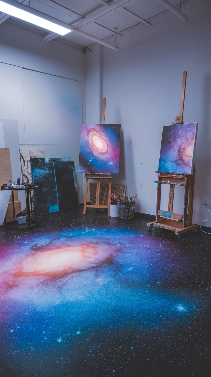 An artistic studio with galaxy-inspired epoxy flooring, featuring two canvases on easels and various art supplies.