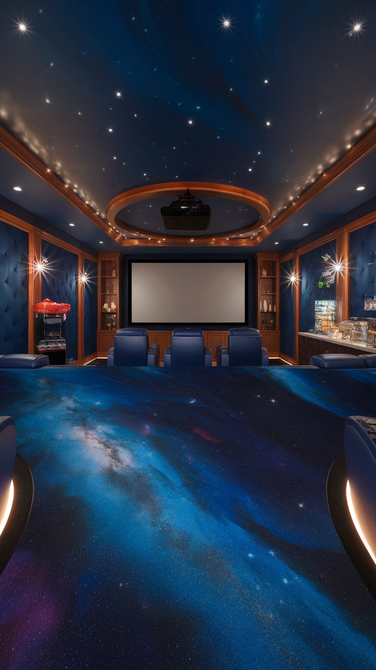 A home theater with a galaxy-themed epoxy floor and starry ceiling.