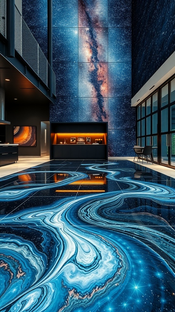 A stunning galaxy-themed epoxy resin floor showcasing deep blues and sparkling stars, set in a modern interior space.