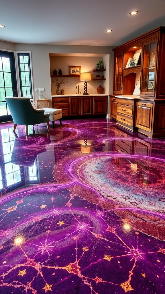 A stunning galaxy-themed epoxy floor design showcasing vibrant colors and starry patterns.