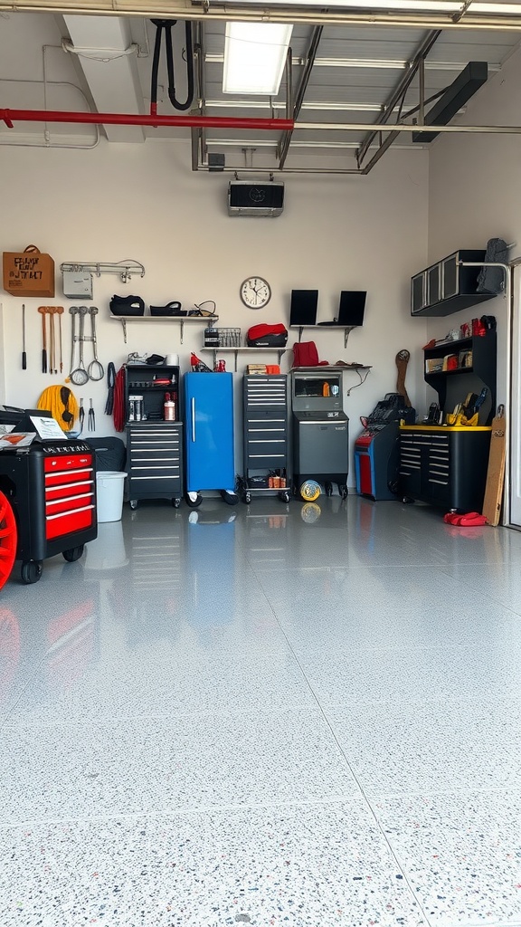 A clean garage with a shiny epoxy floor, tools organized on shelves, and colorful tool chests.