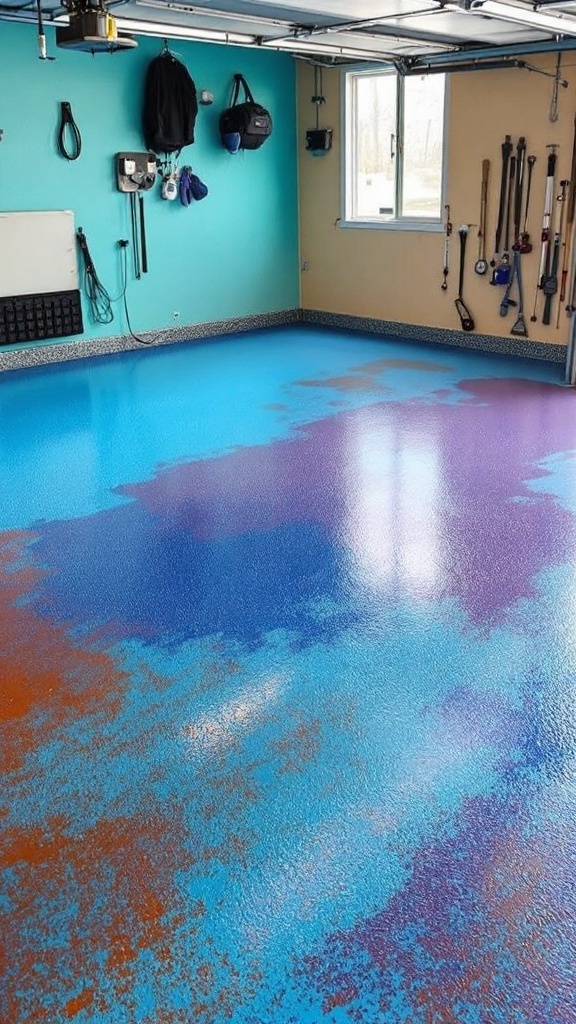 A sleek garage showcasing a speckled epoxy floor with a black vehicle parked inside.