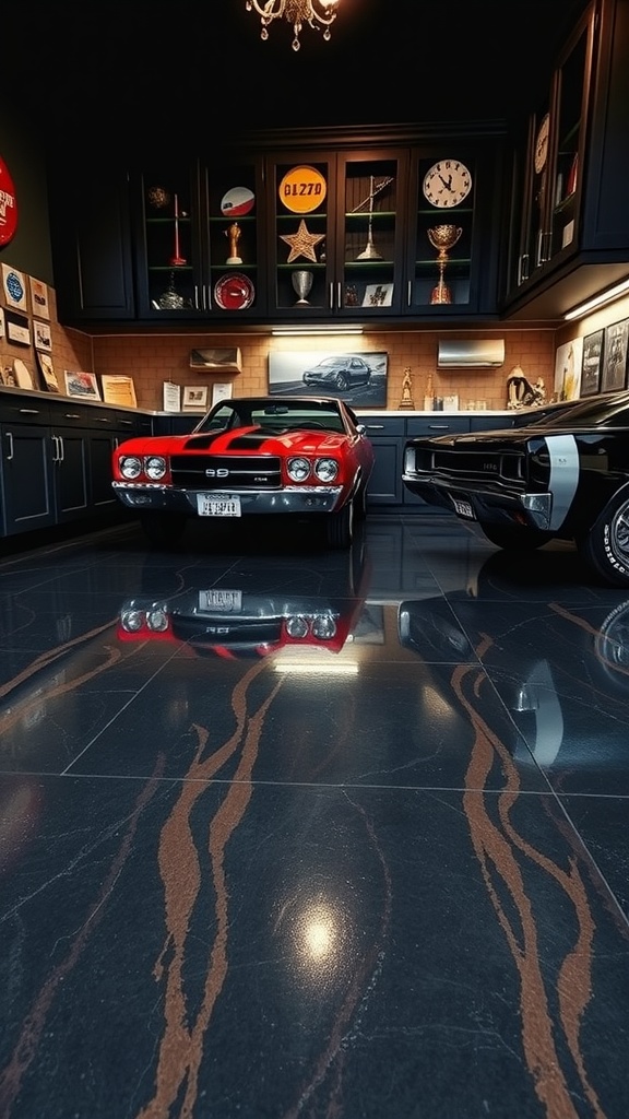 A garage with a glossy gray room featuring a chevron pattern epoxy and PVC tiled floor, highlighted by bold red lines and colorful walls.