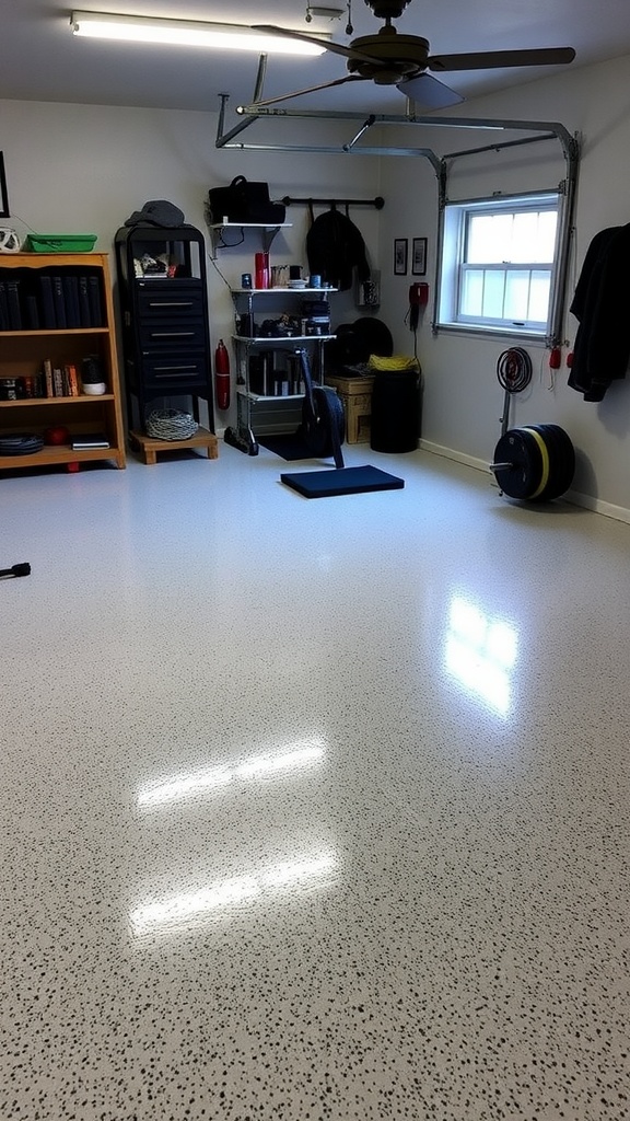 Before and after image of a garage gym with epoxy flooring transformation.