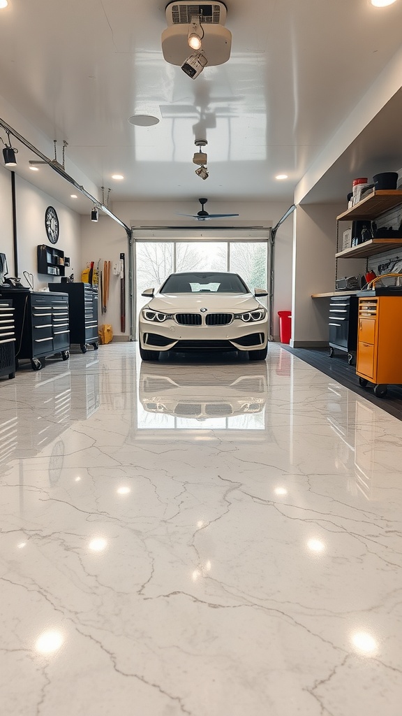 A modern garage featuring a luxury marble epoxy floor with a car parked inside.