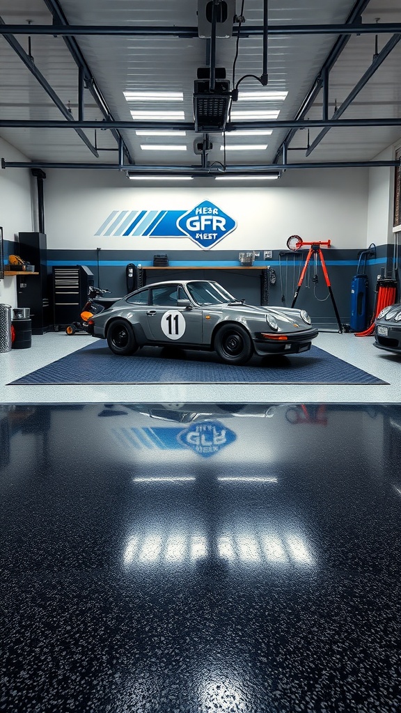 A stylish garage featuring a sleek, high-gloss epoxy floor and a vintage car, showcasing functional epoxy flooring.