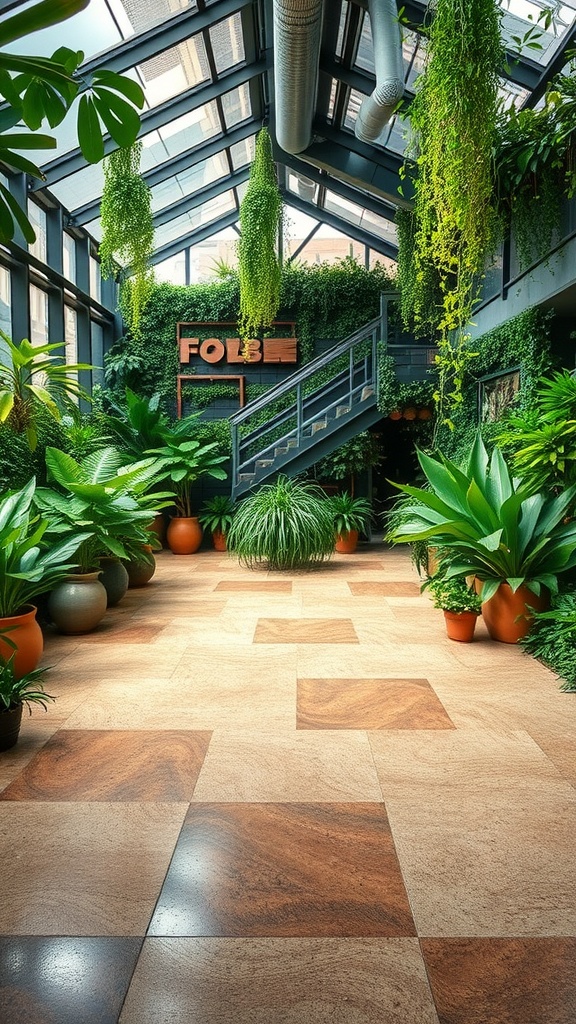 A beautiful garden pathway with stone-like epoxy flooring surrounded by lush greenery.