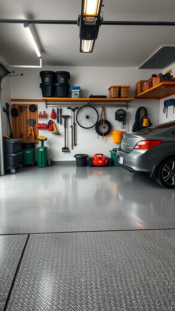 Organized garage with garden tools on shelves and an epoxy floor