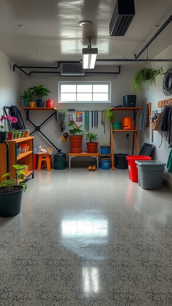 A well-organized garage gardening station with colorful pots and an epoxy floor.