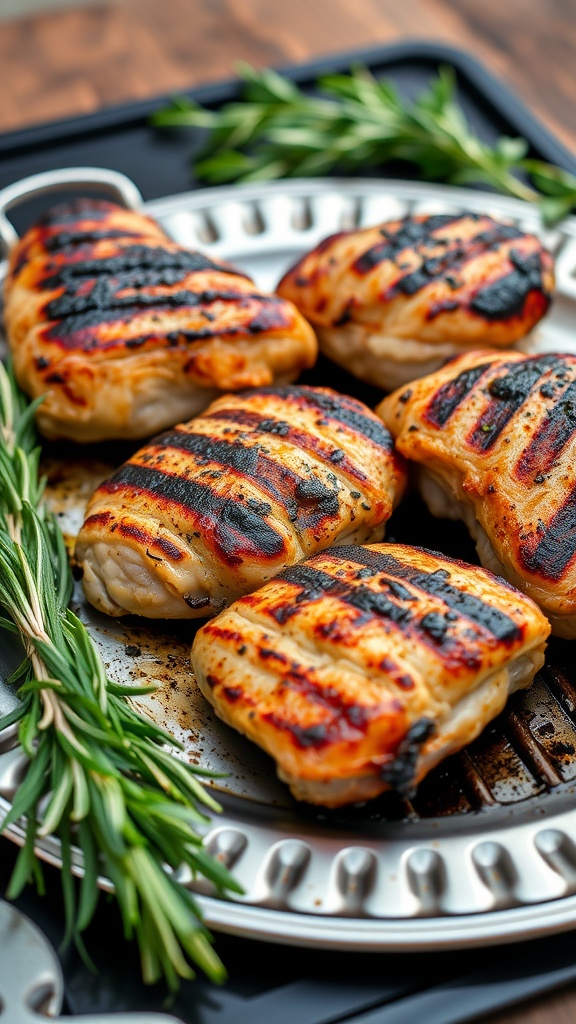 Grilled chicken thighs garnished with rosemary
