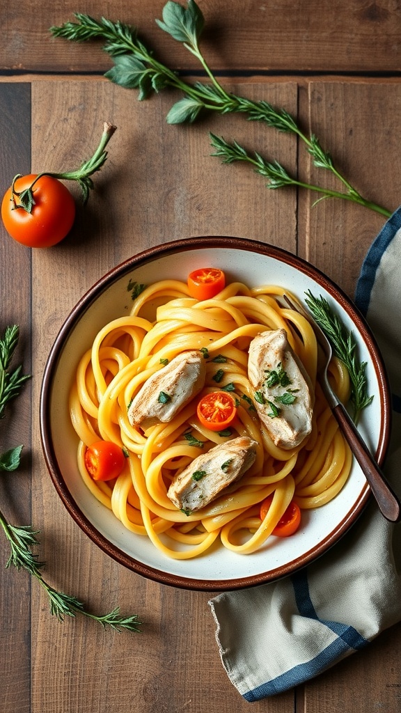 A plate of Marry Me Chicken Pasta with garlic butter and herbs