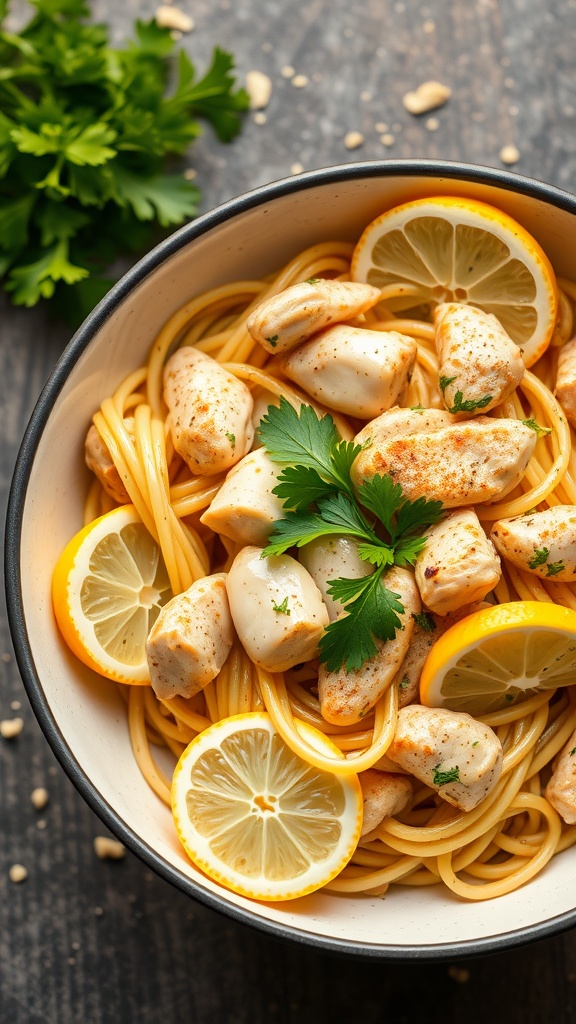 A bowl of garlic butter chicken pasta garnished with lemon slices and fresh parsley