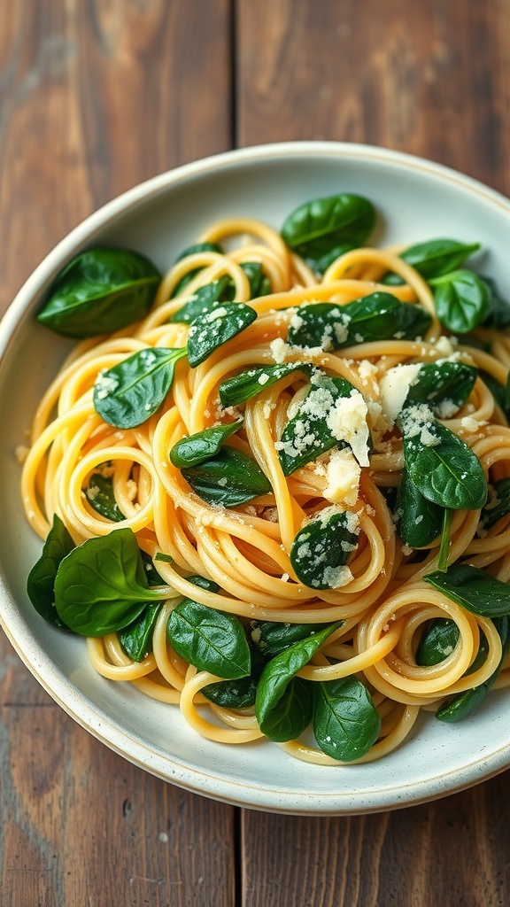 A bowl of garlic butter pasta with fresh spinach garnished with cheese
