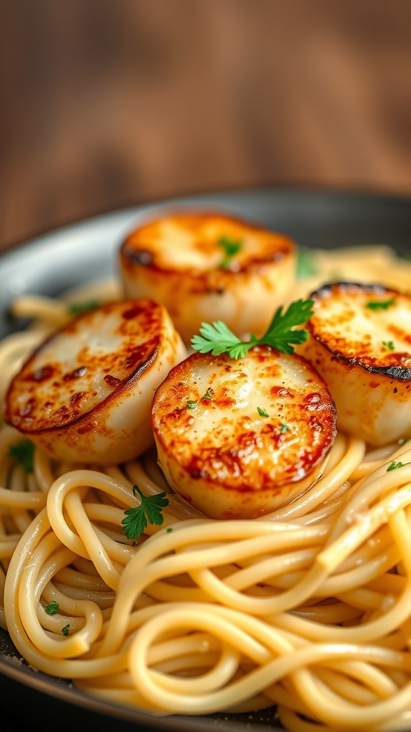 A delicious plate of garlic butter scallops served on pasta, garnished with parsley.