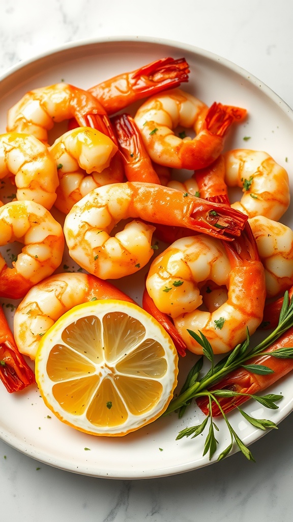 A plate of garlic butter shrimp with a slice of lemon and herbs.
